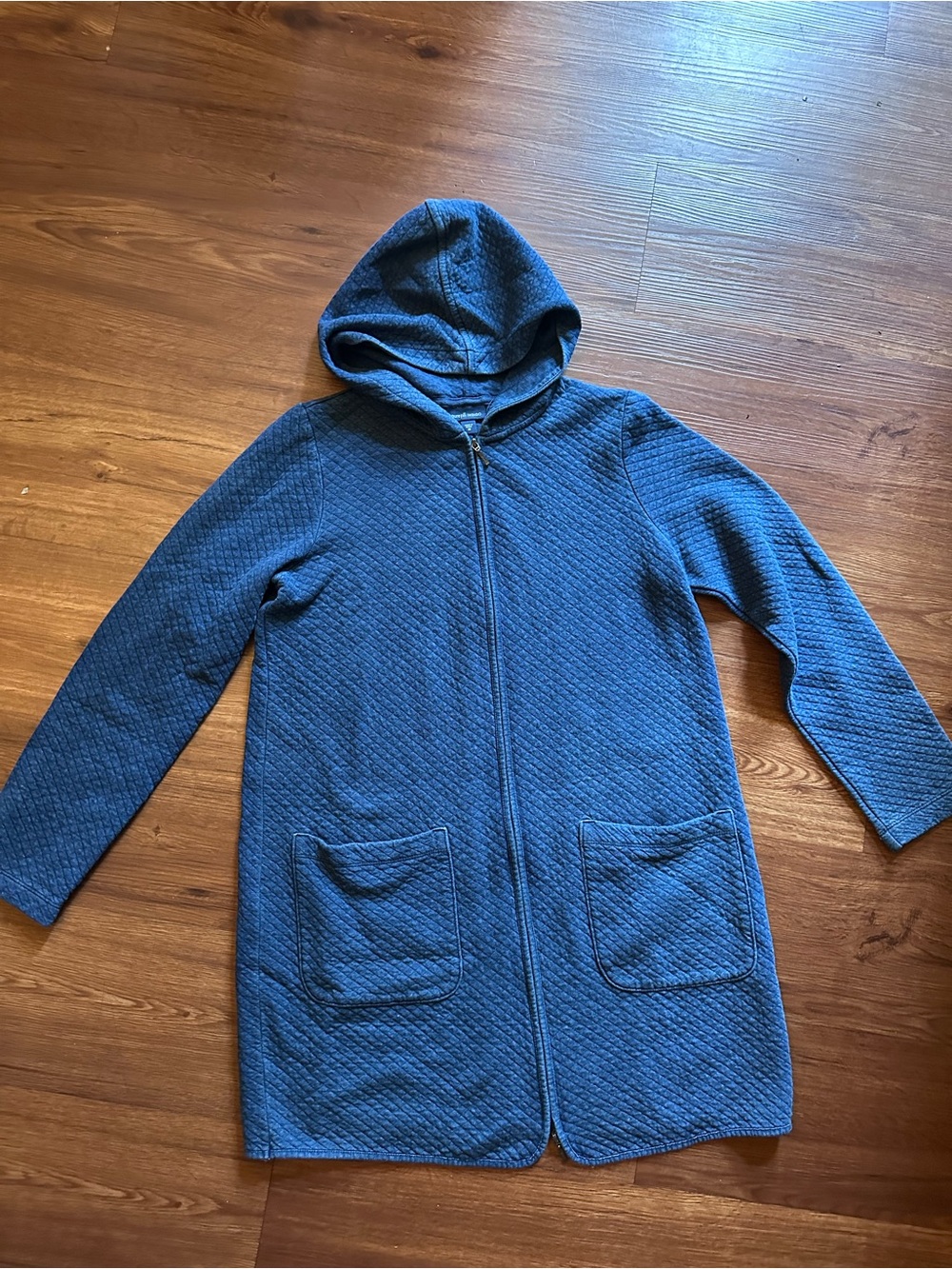 Indigo Blue Hooded Quilted Two-Way Zipper Cardigan Sweater Jacket